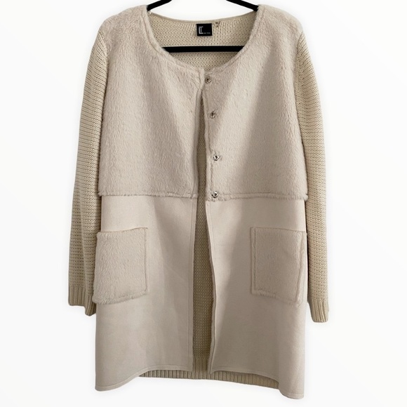 Love Token Sweaters - Love Token Faux Fur Suede Knit Button Down Long Cardigan Jacket Pockets Ivory M